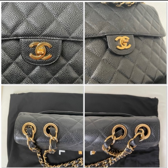 Sold 24k gold plated Black Chanel Caviar Jumbo single flap bag - Picture 16 of 17